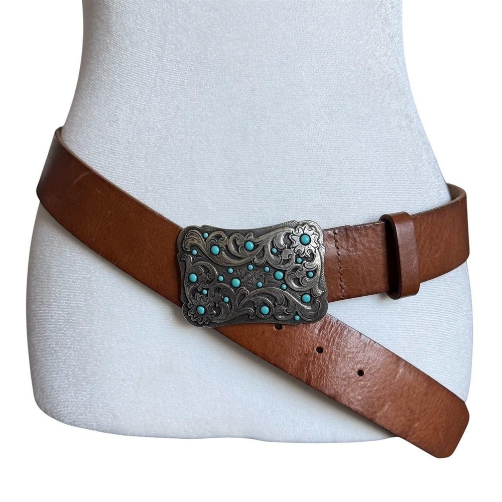 VTG Y2K Fossil Brown Leather Belt Medium Western Turquoise Buckle Boho Cowgirl